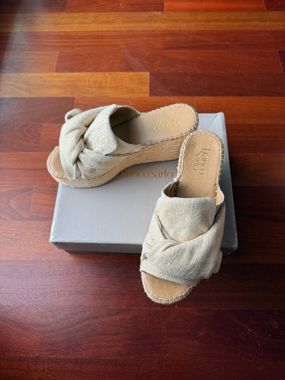 Franco Sarto Beige Linen Knotted Platform Espadrille Sandals
